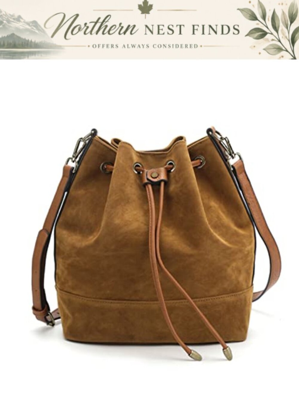 Faux Suede Leather Bucket Bag Crossbody Shoulder Purse for Women